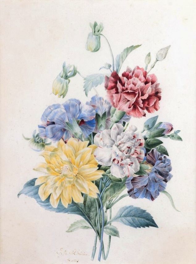 Eulalie de Bridieu - A posy of flowers, with carnations and a yellow dahlia | MasterArt